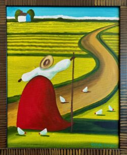 Lady in Red Dress on Road with Chickens by Danny Doughty