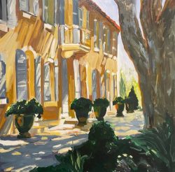 Facade with Boxwoods by Laura Lacambra Shubert