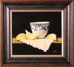 Flow Blue Cup, Lemons, and Cloth by Bert Beirne