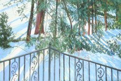 My Garden with Snow and Wrought Iron Rail by Elsie Dinsmore Popkin